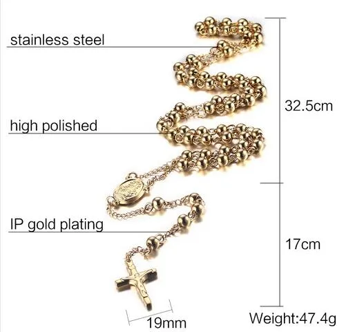 Pendant Necklaces Rosary Necklace Cross Jesus Gold Plated Stainless Steel For Men And Women Bead Chain