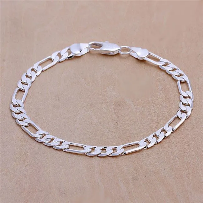 6MM Figaro chain bracelet plated 925 sterling silver men Fashion Jewelry Length 20CM Top quality free shipping