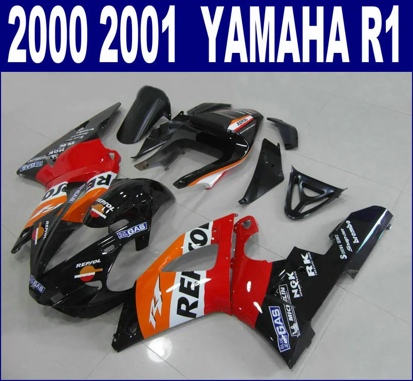 Gratis Anpassa Fairings Set för Yamaha 2000 2001 YZF R1 Fairing Kit YZF1000 00 01 Red Black Repsol Motobike RQ36 + 7 Presenter