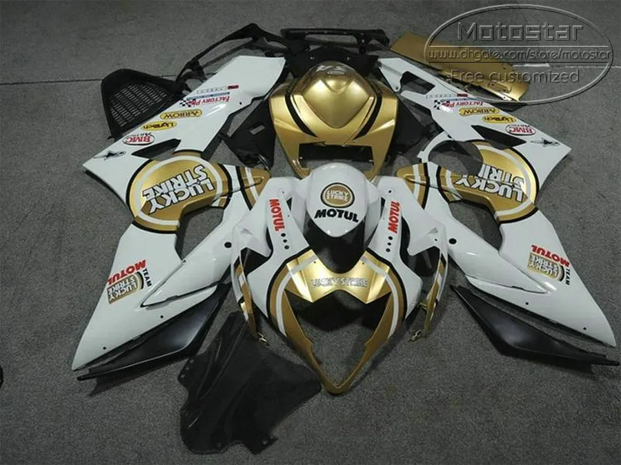 Dostosuj części motocyklowe do SUZUKI GSXR1000 2005 2006 Zestaw targowy K5 K6 05 06 GSXR 1000 Golden White Lucky Strike Fairings Ustaw EF70