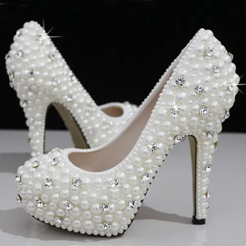 Fashion Luxurious Pearls Crystals White Wedding Shoes Size 12 cm High Heels Bridal Shoes Party Prom Women Shoes Free Shipping