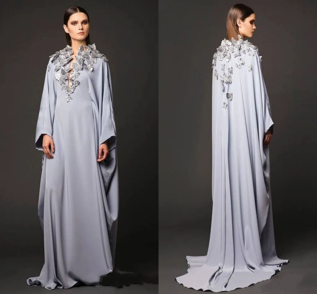 Arabic Dresses Party Evening Gowns V Neck Butterfly Appliques Long Sleeve Prom Dresses Muslin Dubai Abaya Mother Of Bride Celebrity Gowns