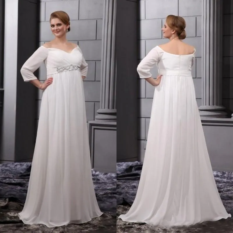 Plus Size Suknie Ślubne Empire Talia Off Suknie Ślubne Bridal Plaża Ciężarówka Wedding Party Sukienka Macierzyńska Druhnowa Szyfonowa