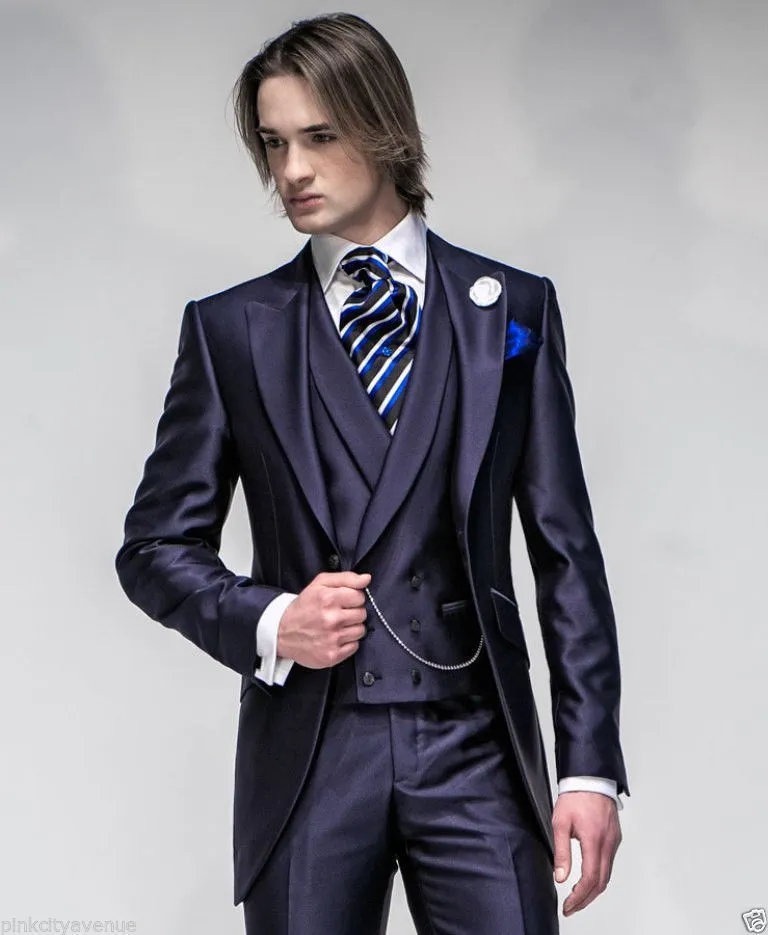 High Quality Navy Blue Tuxedos For Men Slim Fit Mens Wedding Tuxedo Custom Made Morning Mens Suits 2015 Jacket Pants Vest Tie