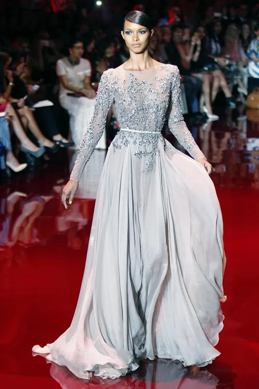 Elie Saab Perlée En Mousseline De Soie Longues Robes De Bal A-ligne Dos Nu À Manches Longues Robes De Soirée Paillettes Cristal Sheer Cou Robes De Célébrités