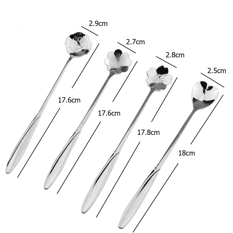 4 sztuk / zestaw Długi uchwyt Kwiaty W kształcie łyżek Mieszanie Ze Stali Nierdzewnej Flatware Ice Tea Deser Spoon Obiadowa Akcesoria kuchenne