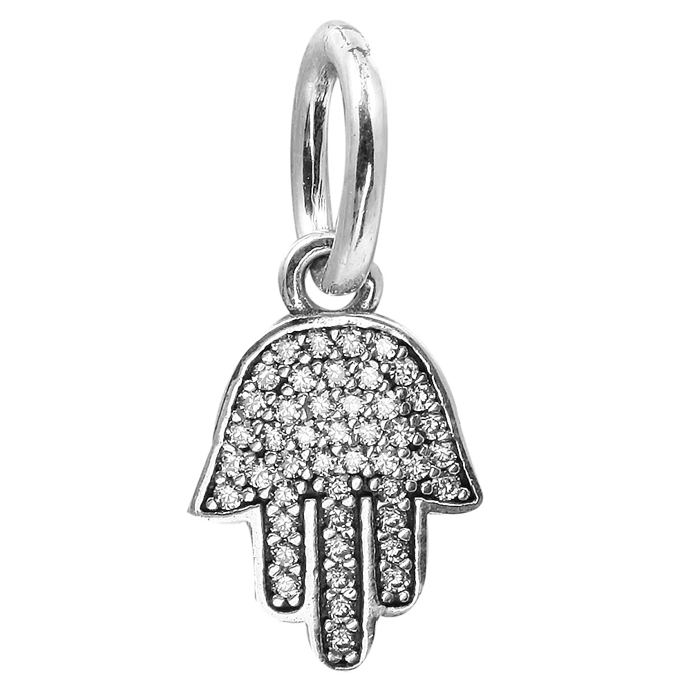 Dangle Hamsa Hand Symbol of Fatima with Clear CZ 100% 925 Sterling Silver Beads Fit Pandora Charms Bracelet Authentic DIY Fashion Jewelry