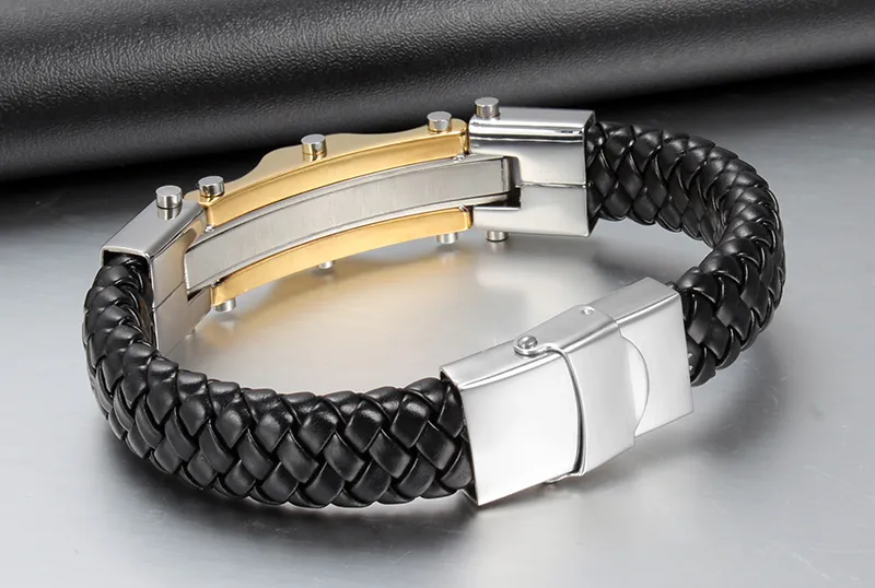 Hiphop Style Brand New High Grade Alta qualità Heavy True Leather 316L Stainless Steel CZ Mens Chain Bracelet Bnagle 8.8 ''