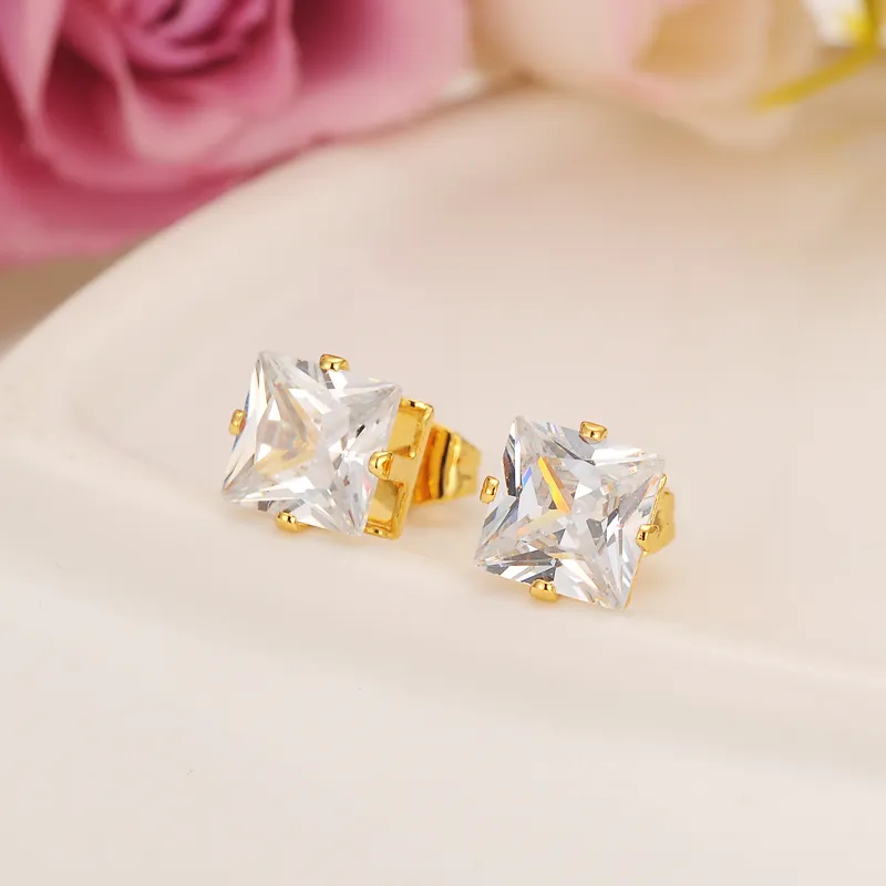 Romantic Luxury Fashion Design 24k Solid Fine Yellow Gold Filled Cubic Zirconia Square Wedding Stud Earring for Women and girl