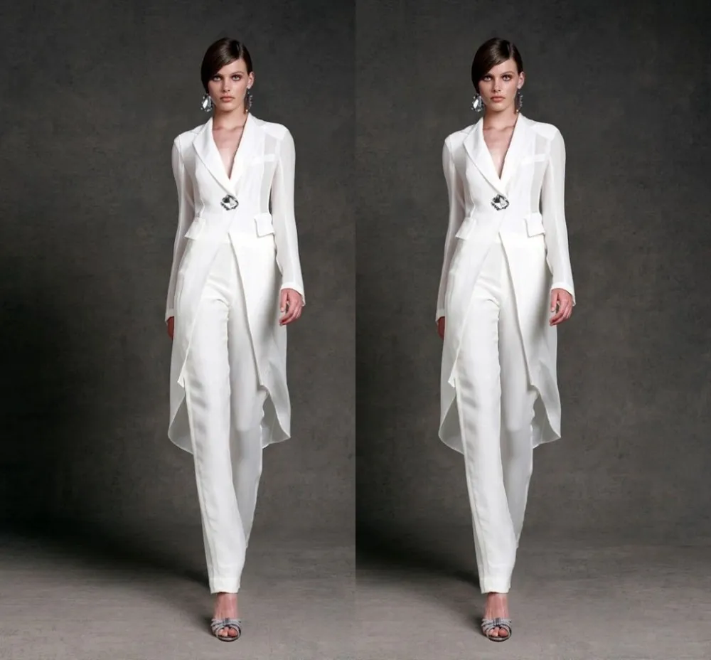 New Arrival White Mother of the Bride Pant Suits with Long Jacket Crystal Party Dresses Elegant Long Sleeve Bridal Mother Formal Wear d101