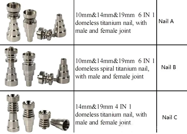 Gr2 titan naglar 6in1 4in1 2in1 med 10mm14mm19mm leder Domeless Titanim Nail för glas Bongs Vattenrör Rökning Tillbehör DHL