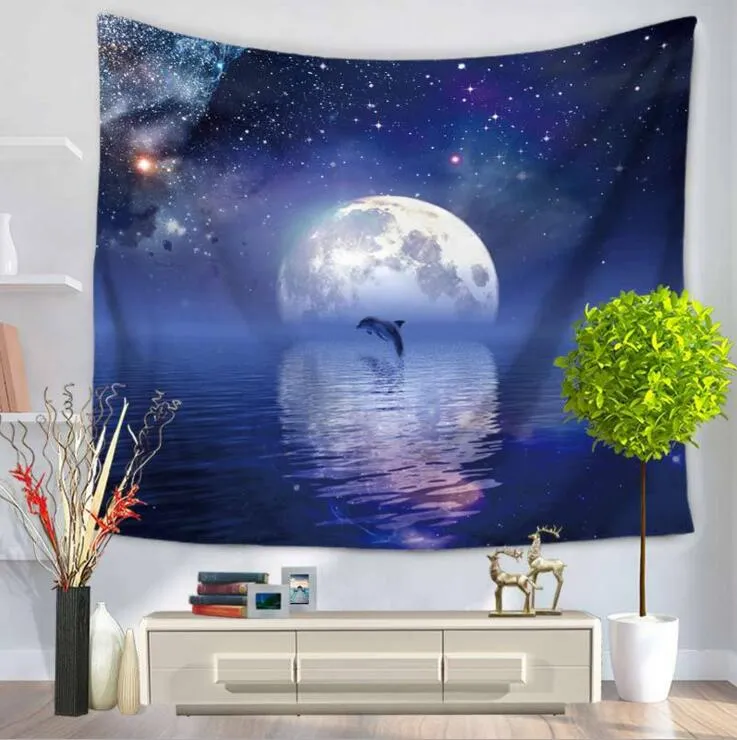 Starry Night Tapestry Vacker måne dekorativ vägg hängande gobelänger Modern konst tenture väggmålning tryckt havsmatta