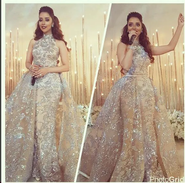Akşam elbisesi yosef aljasmi labourjisie yüksek boyun kapalı omuz iz baskı ile uzun elbise Kim Kardashian Zuhair Murad