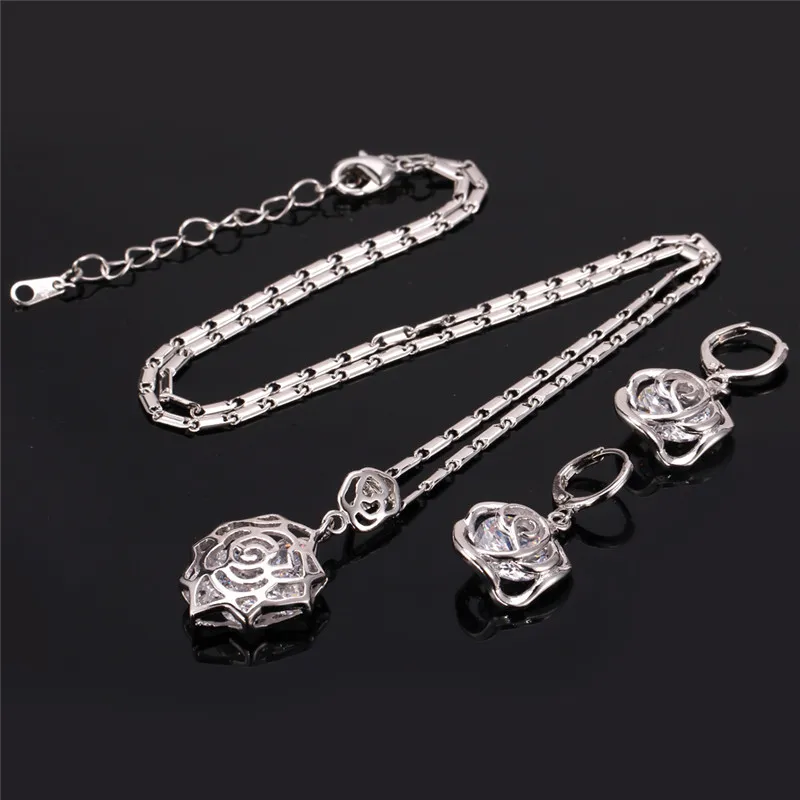 Vintage Infinity Elegant Rose Zirconia Oorbellen Hanger Set 18K Echt Vergulde Mode-sieraden Sets Voor Dames3388276