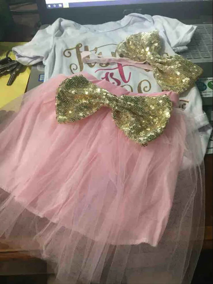 Dziewczynek Odzież Letnie Cekin Bow Tutu Sukienka To moje pierwsze urodziny Romper + Pałąk + Tutu Spódnica Baby Girl Ubrania Ustawia Prezent Urodzinowy