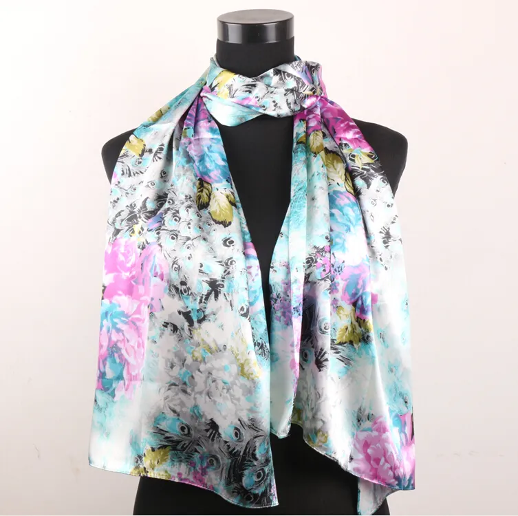 1pcs Fuchsia Pony Grey Silver Yellow Scarf Peacock Feathers Women's Fashion Satin Oil Painting Long Wrap Shawl Beach Silk 160X50cm