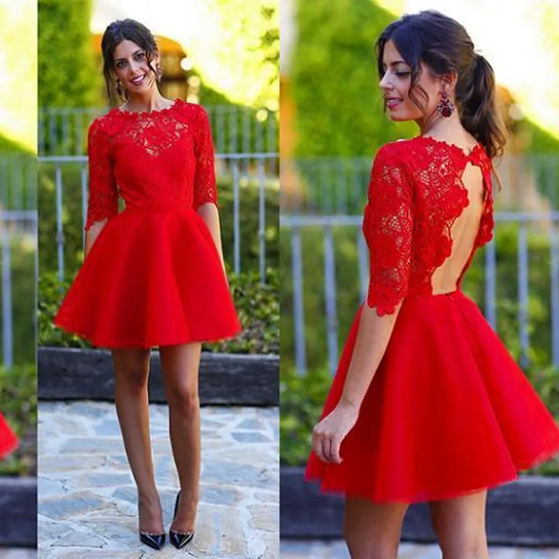 Deslumbrante Vestidos de Cocktail de Renda Vermelha Sexy Buraco da fechadura Aberto de Volta Curto Vestido de Festa Ilusão Tripulação Pescoço Mini Vestidos de Baile com Mangas Meia Personalizado