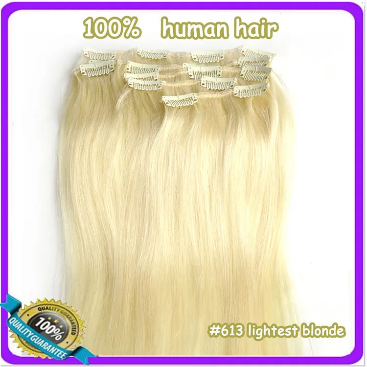 5A 160g18"-26" #613 light blonde real human hair/brazilian hair clips in extensions real straight full head dhl free