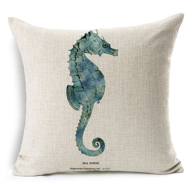 Cushion Cover Hippocampus Starfish Pillows Case Cotton Linen Capa Para Almofadas Nautical Style Hand Painted Decorative Pillow Cov250P