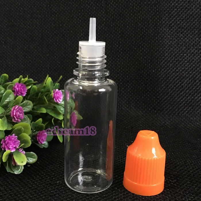 Plast droppflaskor e olja barnsäkra mössor tom container 20 ml