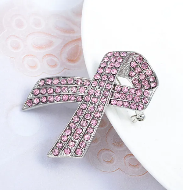 2 INCH RHODIUM SILVER TONE BREAST CANCER AWARENESS RIBBON PIN BROOCH with bright pink RHINESTONES CRYSTALS