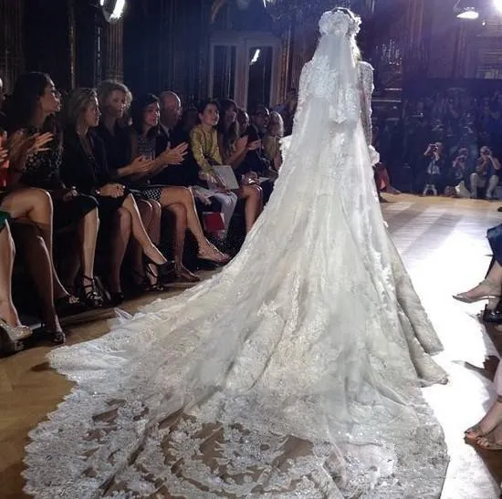 Luxry Zuhair Murad 2 Katmanlar Uzun 3 M Katedral Dantel Kenar Gelin Mantilla Düğün Peçe