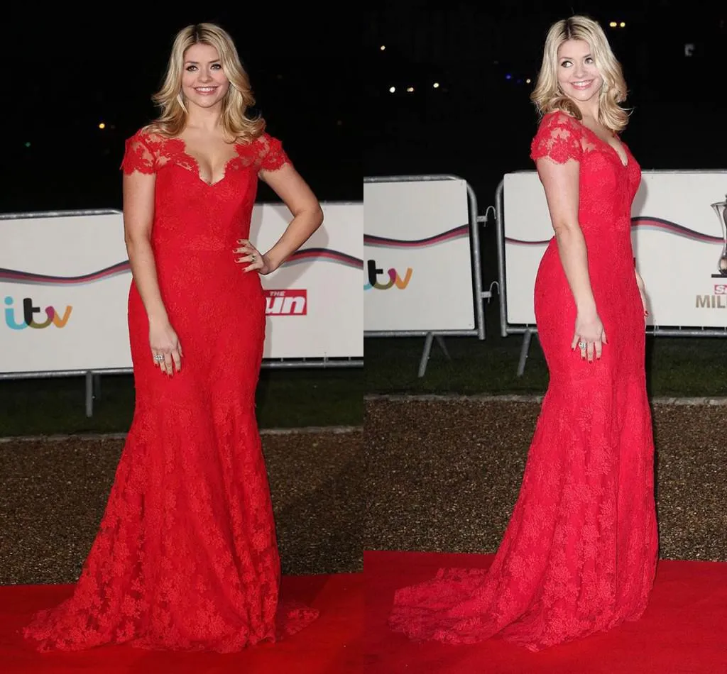 Charming Red Lace Mermaid Celebrity Evening Dresses Capped Sleeves Holly-willoughby Sweep Train Prom Gowns Bridal Party Dress Plus Size