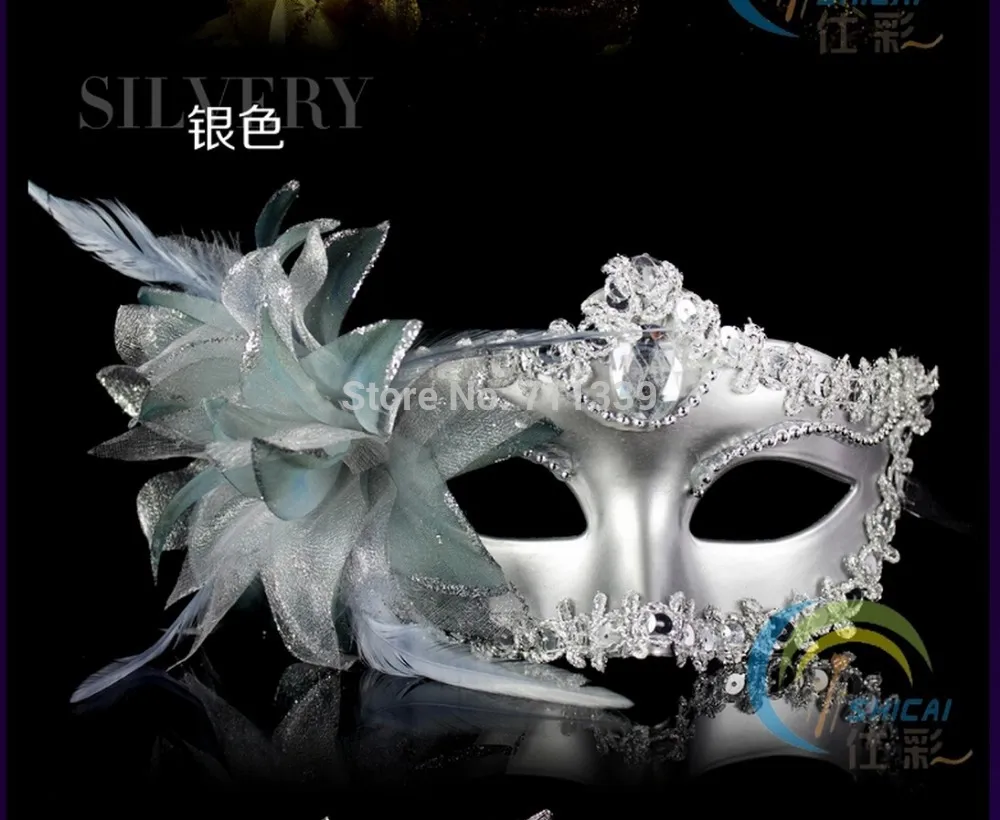 Prata New Masquerade Esfera Fantasia Vestido Festa de Promo Penas de Penas Hallowmas Venetian Máscara Banquete Para Senhora Meninas Mulher Aniversário