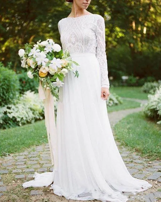 Bohemian Country Wedding Dresses With Long Sleeves Bateau Neck A Line Lace Applique Chiffon Boho Bridal Gowns Cheap