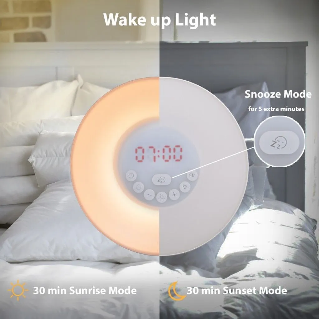 Просыпайтесь свет будильнике Восход часы LED FM-радио светодиодные лампы ночь Сенсорный датчик цифровой дисплей времени рабочего стола