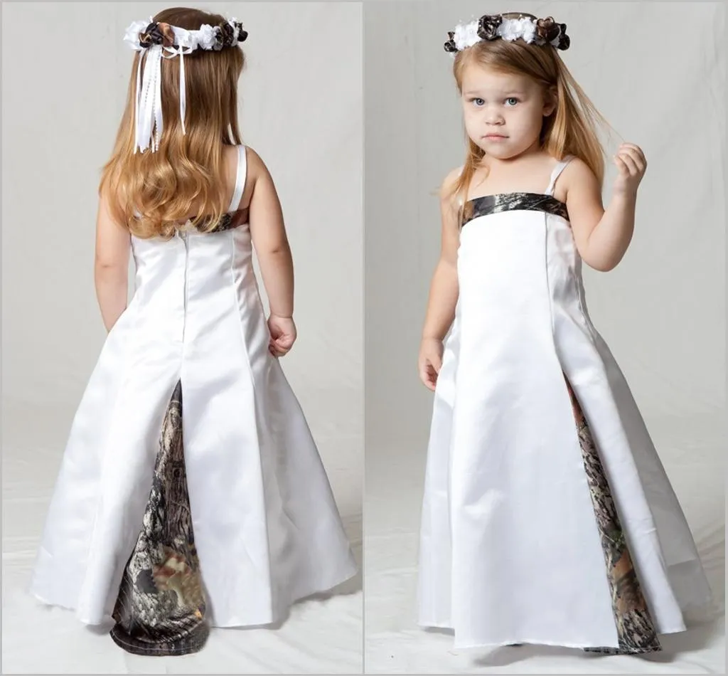 Adorável Realtree Camo Flower Girls Vestidos para Festa de Casamento Floresta Flower Girl Wear Spaghetti Strap Custom Made Kids Pageant Gowns225m