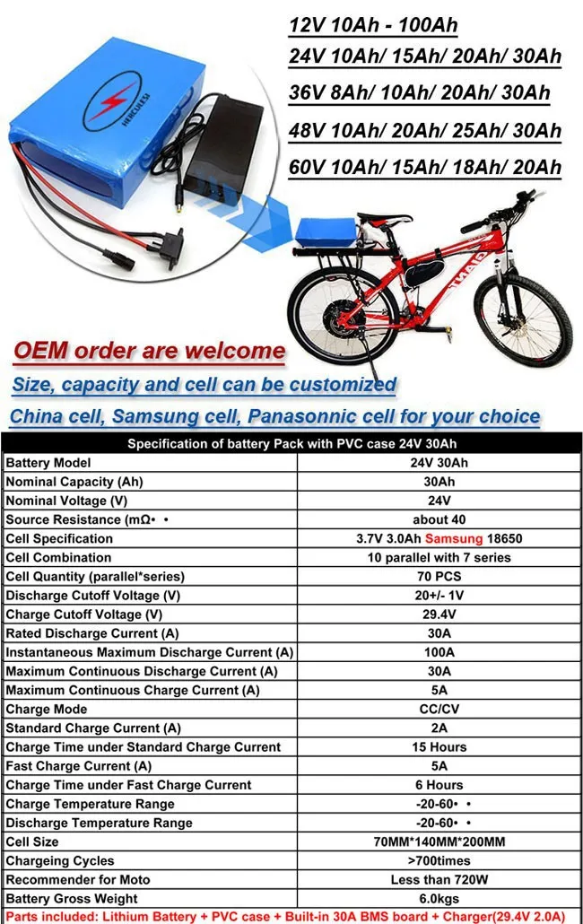 Rechargeable 720W electric bicycle battery pack 24v 30Ah 18650 samsung ebike lithium battery in 30A bms 2A  