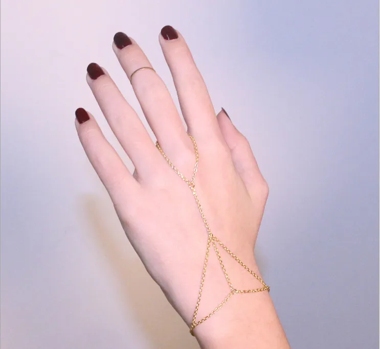 Cuff Bangle Crystal Charm Bracelets Fashion Jewelry Women Gold Tone Bracelet Bangle Slave Chain Link Interweave Finger Ring Hand Harness