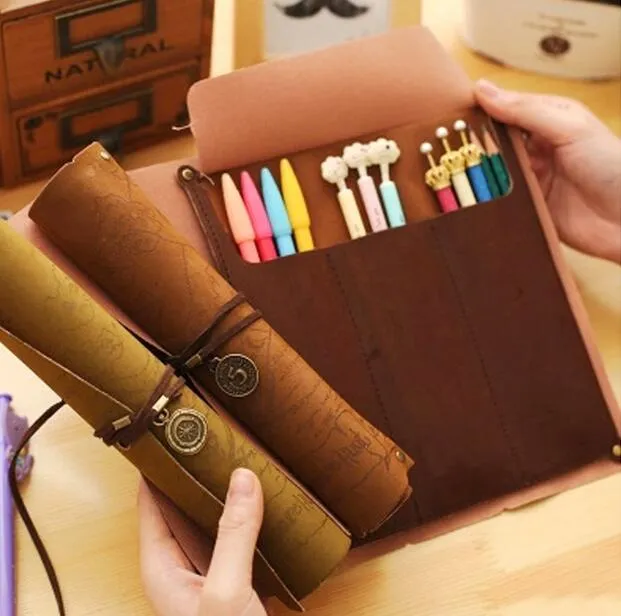 Vintage Retro Schatkaart Potlood Gevallen Luxe Roll Lederen PU Penzakje Pouch voor kantoorbehoeften Schoolbenodigdheden Make-up Cosmetische Tas G1229