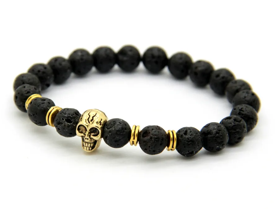 2015 New Products Whole 10pcs lot Beaded 8MM Lava stone beads 24K Gold Skull Elastic Bracelets for Men and Women's Gift2762