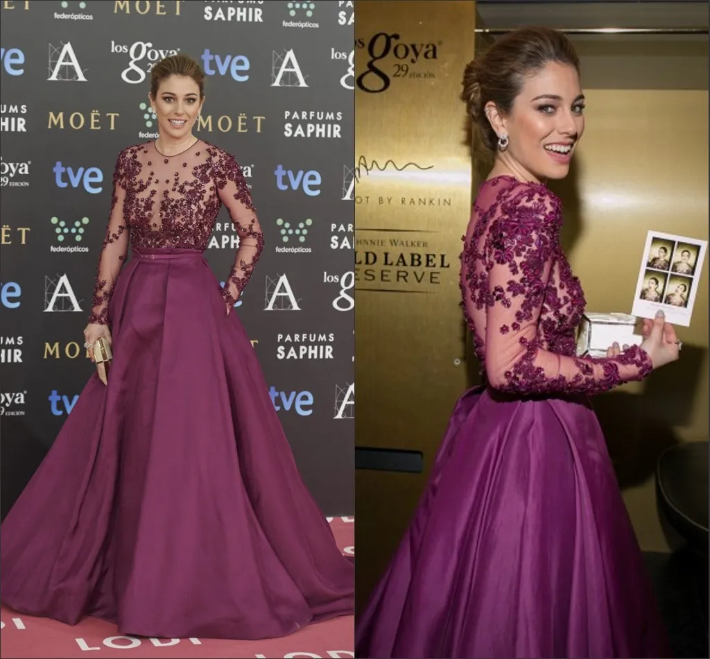 2015イブニングドレスZuhair Murad Burgundy Long Sleeves Sheer Back a Line Taffeta Sashカスタムメイドのイブニングガウンセレブドレスパーソナライズ