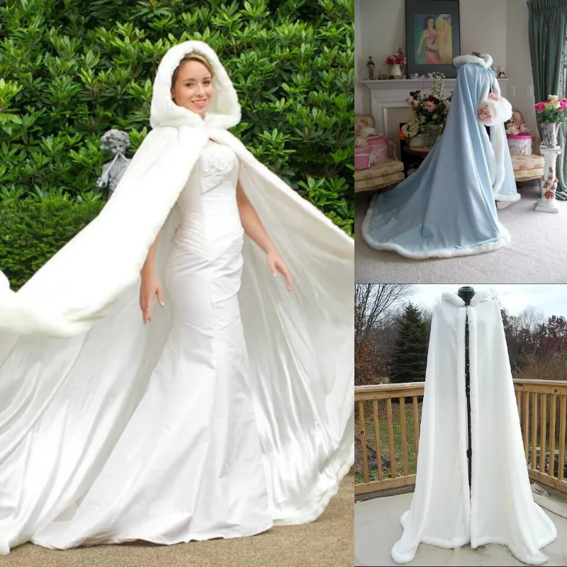 Warm Bridal Cape Wraps Custom Made Winter Wedding Cloak Cape Hooded with Fur Trim Long Bridal Wraps Winter Jacket Coat for Bride