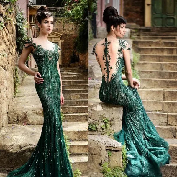 Sparkly Rami Salamoun Robes Robe De Bal Vert Foncé Sirène Cap Manches Sheer Back Longues Robes De Soirée Cristal Perlé Tenue De Soirée Printemps