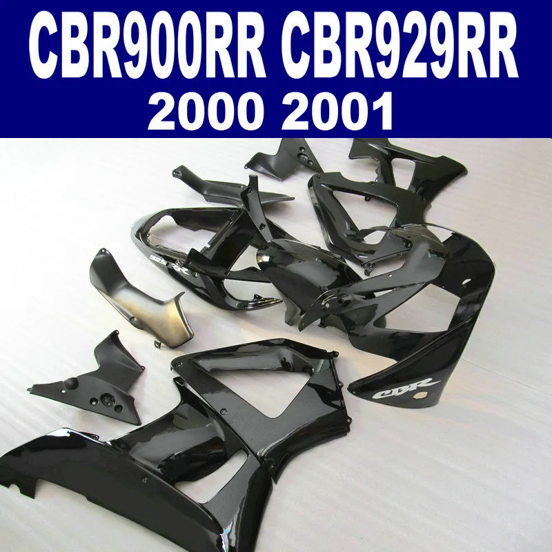 Free customize fairing kit for HONDA CBR 900 RR CBR929 00 01 CBR900RR 2000 2001 pure glossy black fairings set HB53