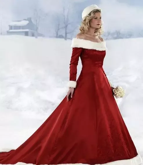 Vestidos de Navidad rojos de manga larga Nuevos vestidos de otoño de invierno Vestidos de novia de una línea Vestido de novia de Navidad hasta el suelo de satén con hombros descubiertos