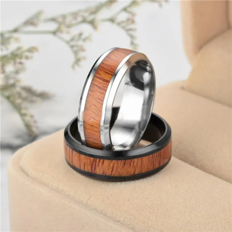 New 8mm 316L Stainless Steel Wood Grain Rings Men Wedding Rings Titanium Steel Ring Size 6-13