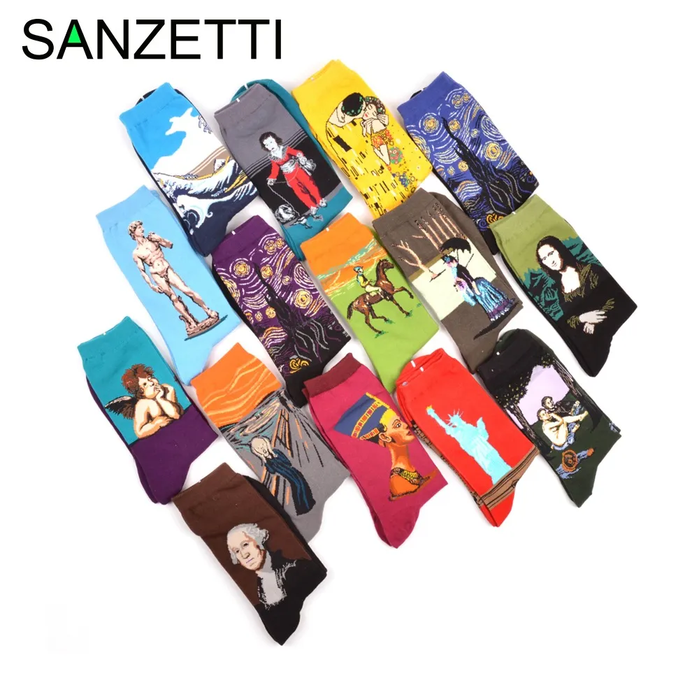 All'ingrosso- SANZETTI 5 paia / lotto Cotone pettinato Colorful Gogh Retro Pittura a olio Calzini da uomo Cool Casual Dress Funny Party Dress Crew Socks