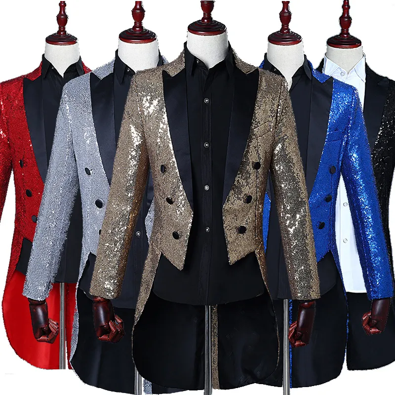 Swallowtail Homme Paillettes Tailcoat Costume Vestes Prom Performance sur scène de l'hôte formel Smoking robe complète Spectacle de magicien Équipes Chorus show costumes