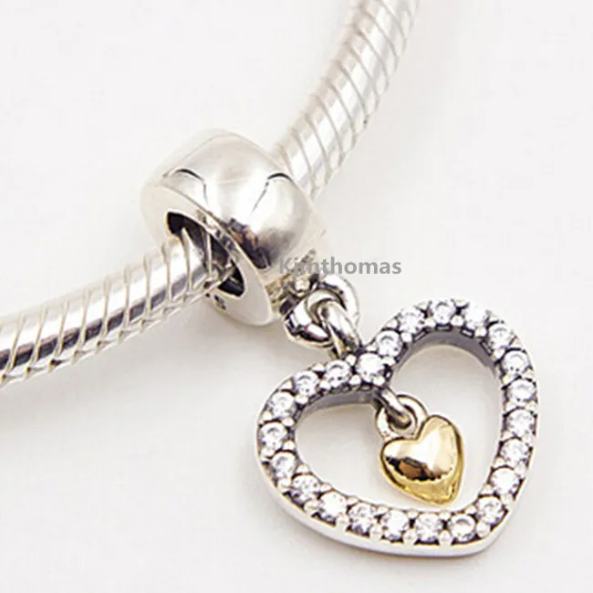 925 Sterling Silver 14K Real Gold Forever W My Heart Dangle Charm Koralik Pasuje Europejskiej Pandora Biżuteria Bransoletki Naszyjniki Wisiorki