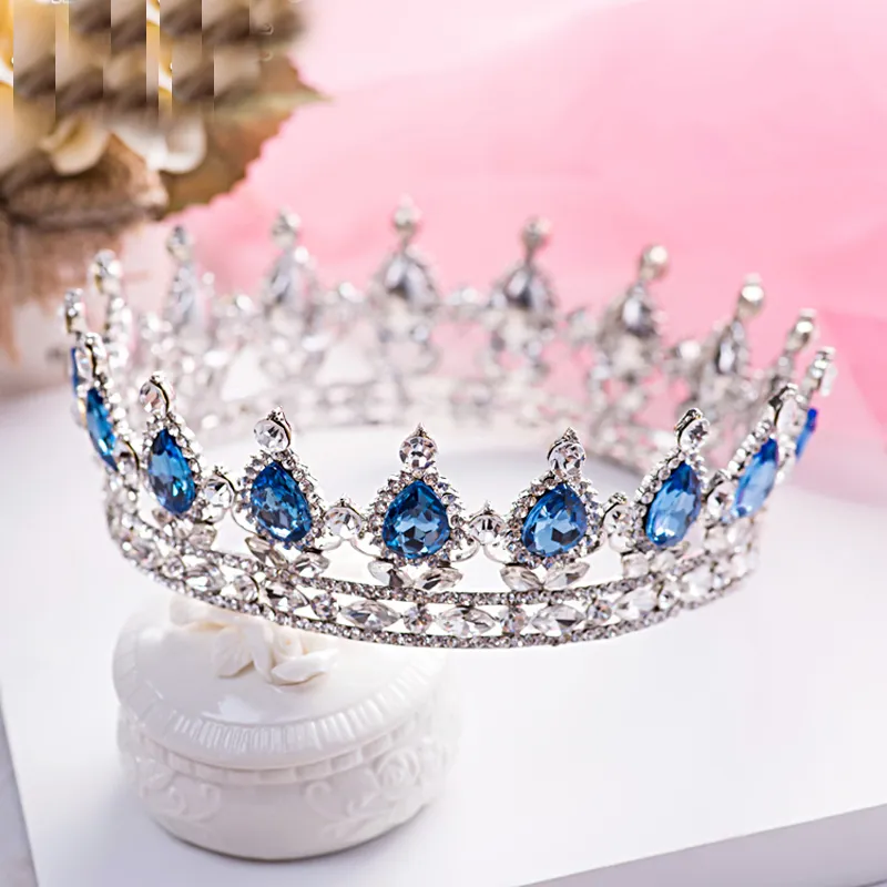 Queen Crown Luksurious Blue Diamond Pageant Wedding Bridal Biżuteria