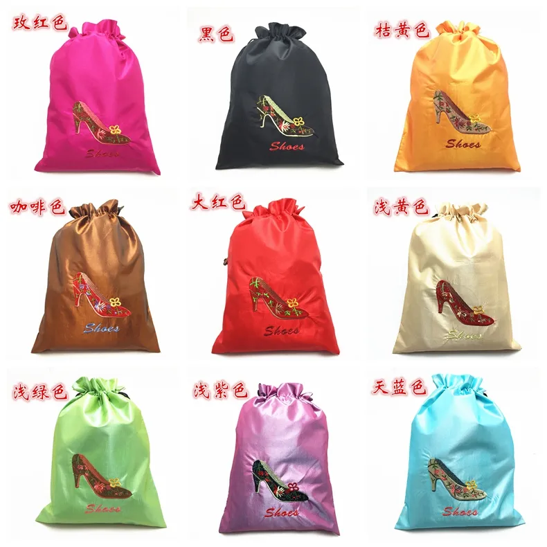 ハイエンド刺繍靴のカバーの女性旅行収納袋二質の再利用可能な巾着絹織物の植物のスパイスギフト包装袋の混合色