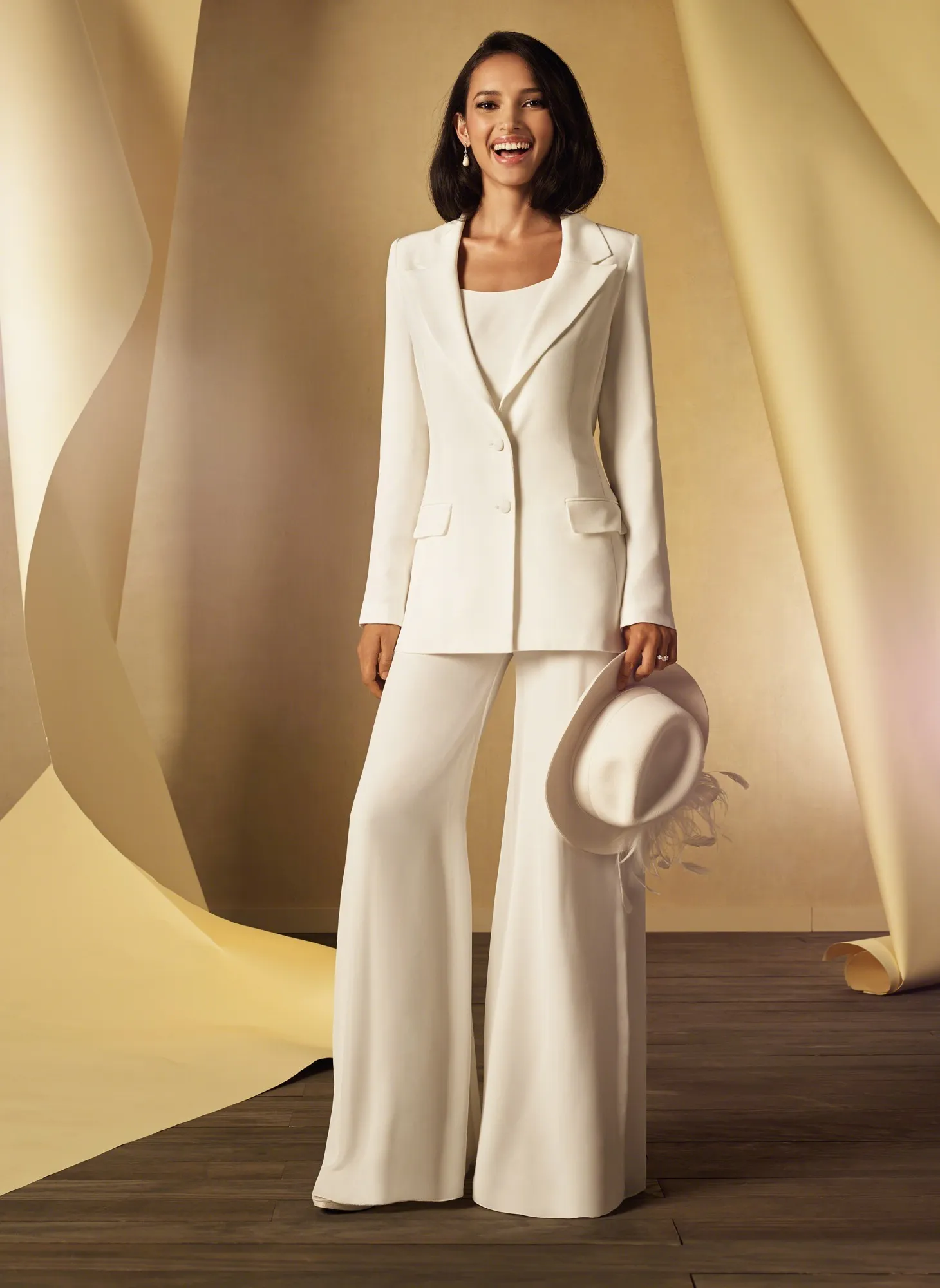 White Bridal Trouser Suits With Long Jacket For Bridal, Mother Of