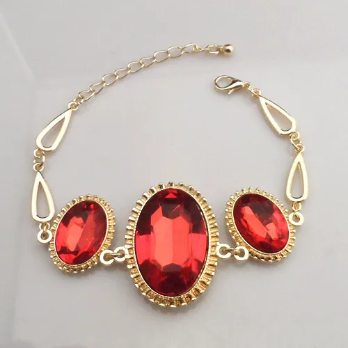 18K or jaune plaqué rubis pierre définit des ensembles de mariage, bracelet, boucles d'oreilles et bijoux en anneau élégant strass rouge 720