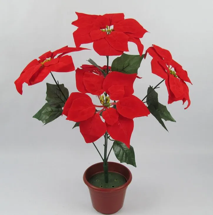 christmas flower poinsettia artificial flowers poinsettia christmas home festival decoratiion flower 45cm 5 Heads not include the vase SF009