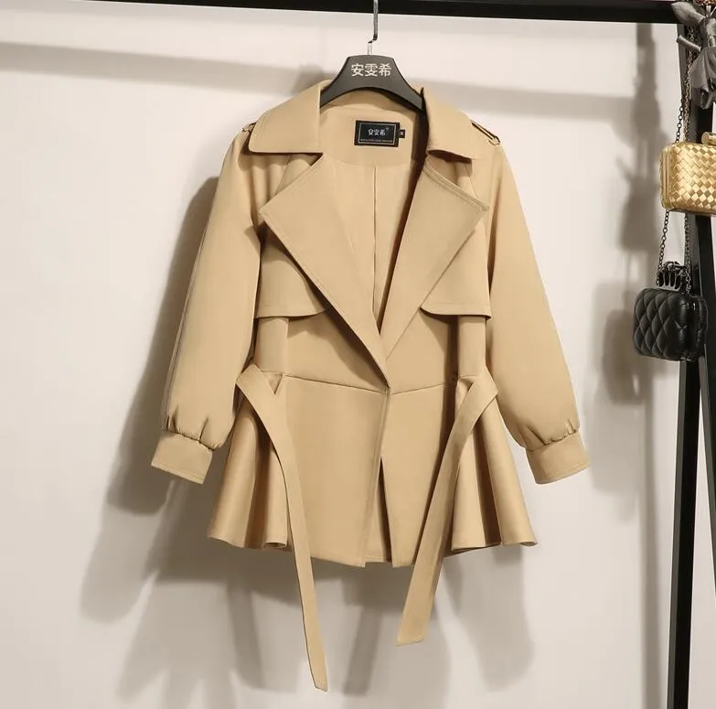 Khaki Lace up Short Trench Coat for Women Stylish Spring Autumn Wind Coat